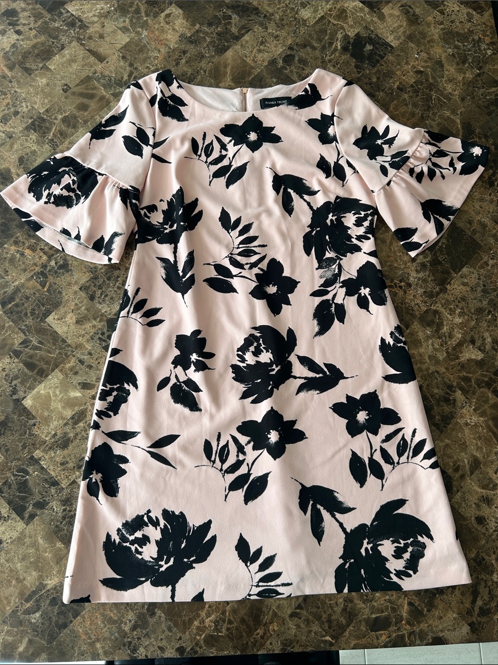 Ivanka Trump Floral Bell-Sleeve Shift Dress in Light Pink and Black size 12